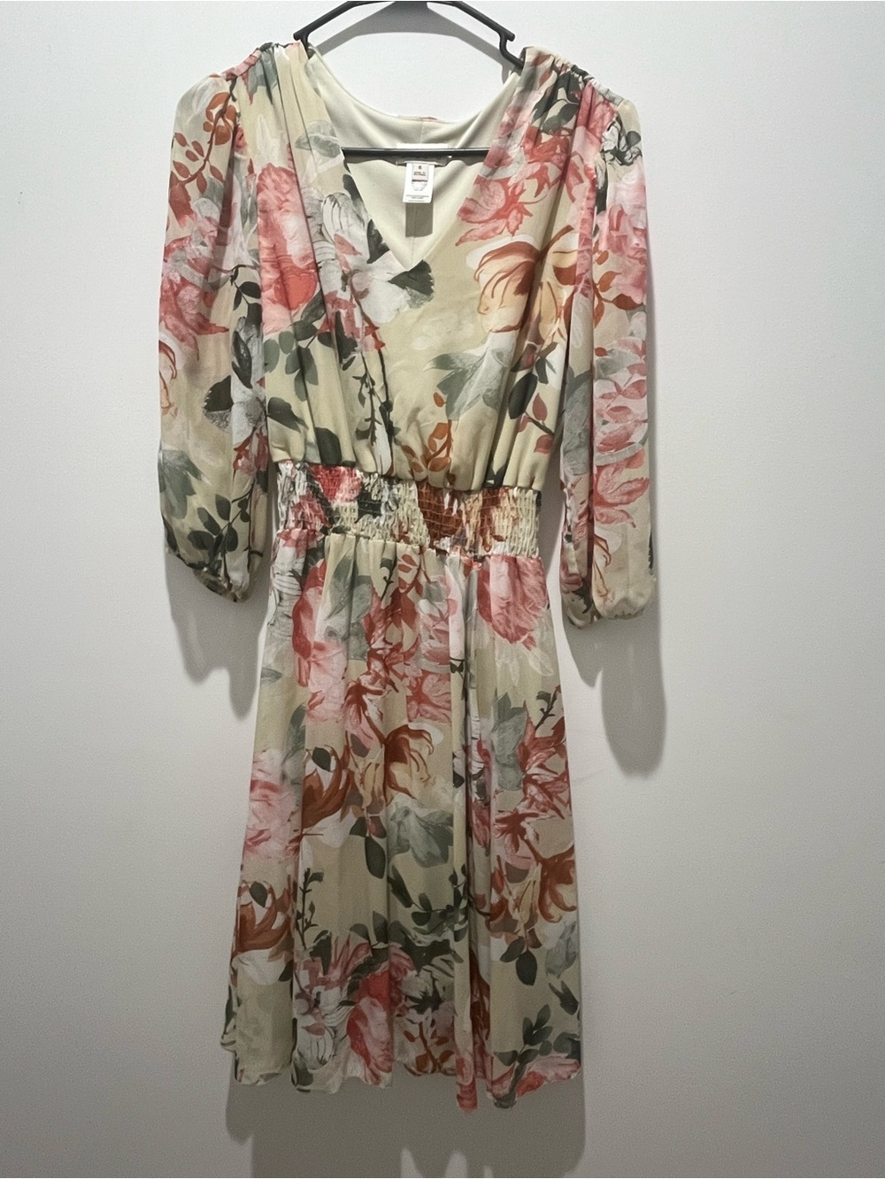 Studio Floral V-Neck Smocked Waist Dress - Cream, Pink & Green